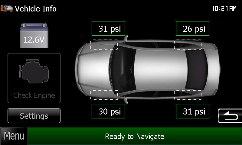 USING MAESTRO FEATURES USING MAESTRO FEATURES (Continued) HOW TO GET THERE: VEHICLE INFO Press on Vehicle Info to display information about the vehicle such as tire pressure, battery voltage and open