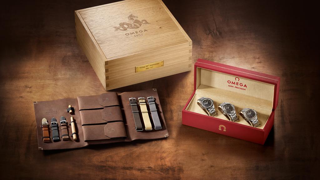 THE TRULY COLLECTABLE TRILOGY PRESENTATION BOX For those enthusiasts who could never settle for acquiring only one of the 1957 reeditions, OMEGA has created a very special Trilogy presentation box