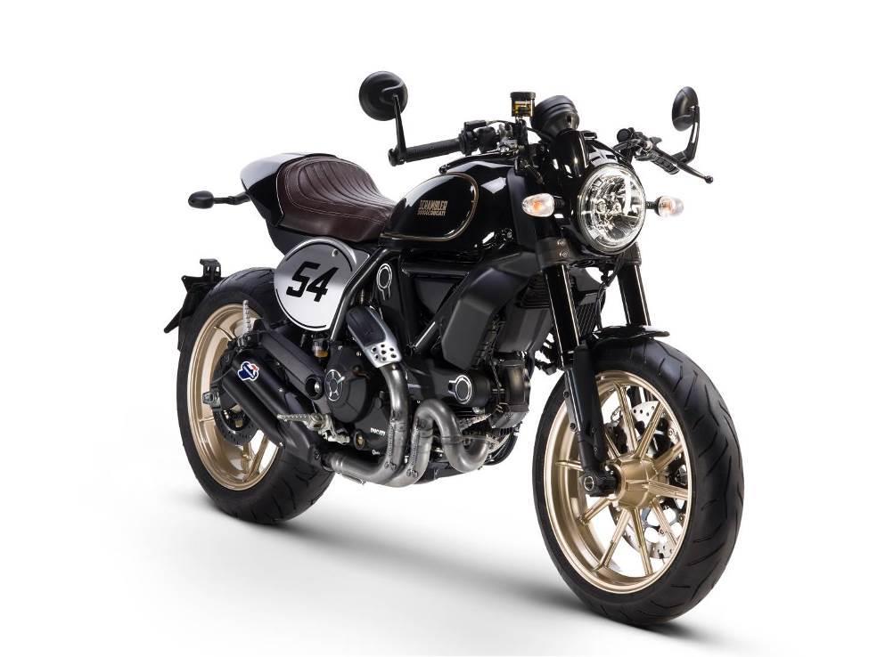 Main as-standard features Ducati Scrambler Café Racer Colours o Black Coffee with black frame and gold wheels Equipment o Desmodue twin-cylinder engine, EURO 4-compliant, with black finish and