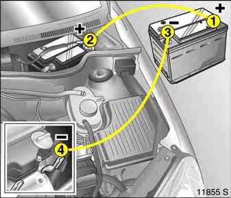 z Do not disconnect the discharged battery from the vehicle. z Switch off all unnecessary electrical consumers. z Do not lean over the battery during jump starting.