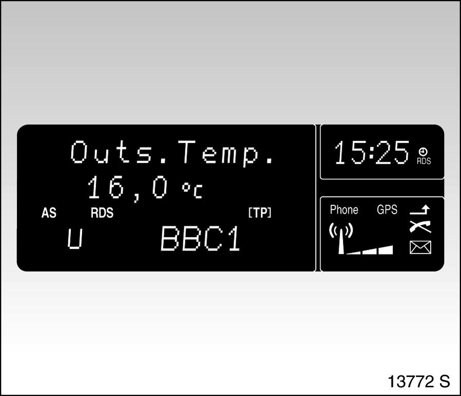 Information display Triple information display 3 Display of time, outside temperature, radio and date.