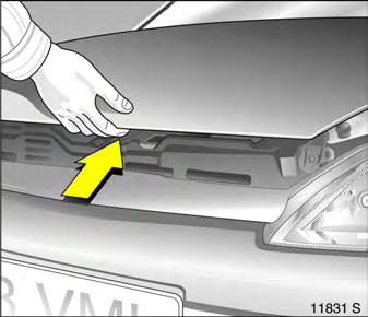 To open completely, locate safety catch approximately a hand s width to the right of centre as viewed from the front: lift this upwards and open bonnet.