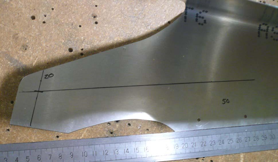 Mark a line 20mm from the aft edge of the Rear Fin. Use a straight edge to extend the bottom edge of the Fin and mark a line 50mm from the straight edge.