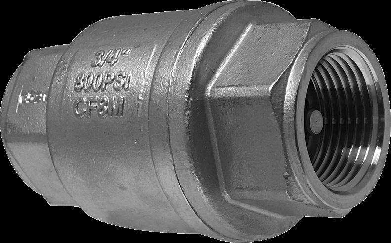 High Capacity, Size 1/4"-2" 800 WOG STAINLESS STEEL IN-LINE CHECK VALVE SS IN-LINE CHECK Soft PTFE Seat for Bubble Tight Shutoff, Spring Loaded for Fast Seating Action Low Cracking Pressure 1/2 psi.