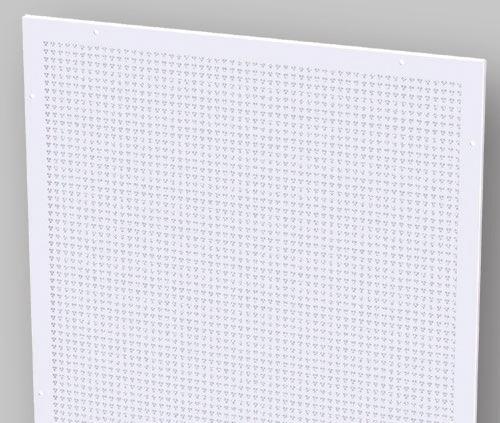 Siv-inn PK comes with screw holes fitted with gaskets and spacers, and the screws are in a white enamel finish. The front is perforated (15 %) with our clover pattern.