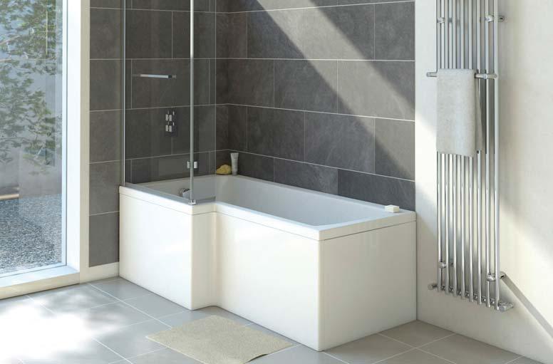 ACRYLIC SHOWER BATHS 25 YEAR left handed version shown CLOVELLY 1700 X 850/700mm L-SHAPED ACRYLIC SHOWER BATH - available in standard and premium acrylic - pack includes front panel and shower screen