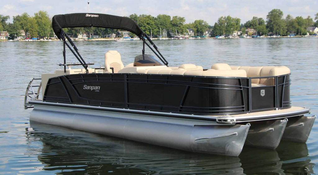 STANDARD ON ALL SANPAN PONTOON BOATS Woven acrylic canopy with protective boot and chrome plated forward support leg. Playpen cover. Dual battery switch. Extended port & starboard stern platforms.