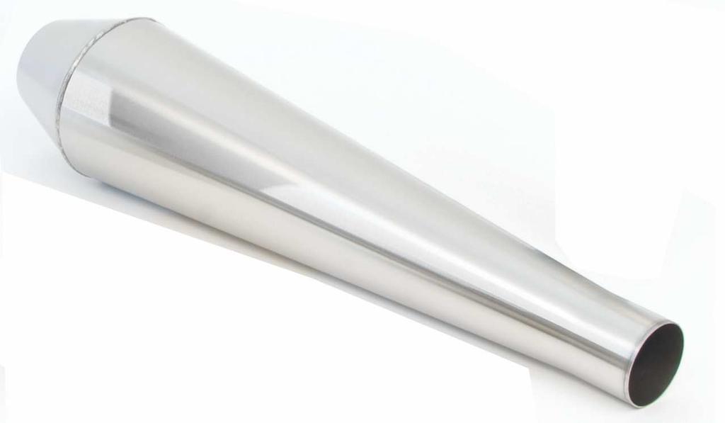 18" Straight Core Stainless Steel Cone/Reverse Cone Slip-On Mufflers Same straight core design as our 12" muffler but longer and with a larger diameter. Brush Finish 304 Stainless Steel.