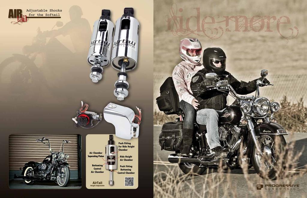 Integrated air & coil shock Independent firmness & height adjustments High pressure gas charged monotube for consistant damping performance Compressor kits sold separately Softail applications