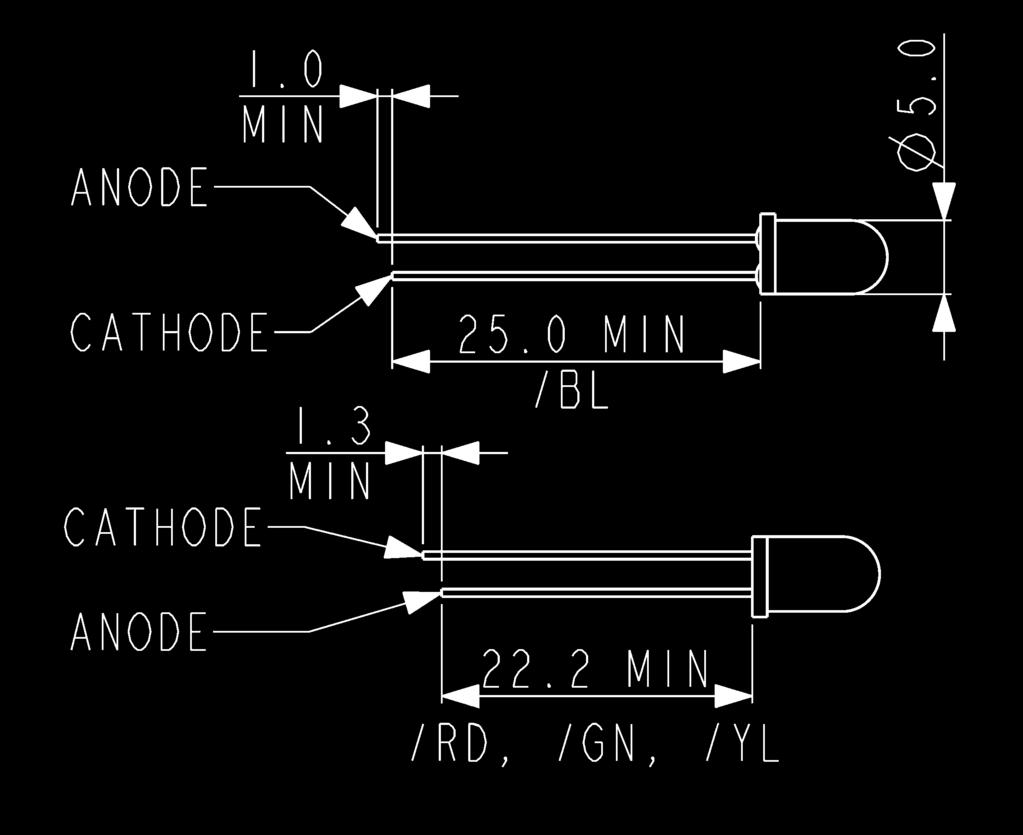 Indicators 5mm ED options 5mm EDs STDD Specification lue uminous Intensity @20m: orward voltage: ont. orward urrent (max): 25mcd 2.0V 30m 20mcd 2.0V 25m 20mcd 2.1V 30m 21mcd 3.