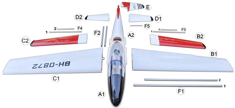 REPLACEMENT LARGE PARTS A.Fuselage.A1,A2 F2. Aluminium tube wing Fuselage. B. Left Wing panel (B1,B2). B. Right Wing panel (C1,C2). F3.