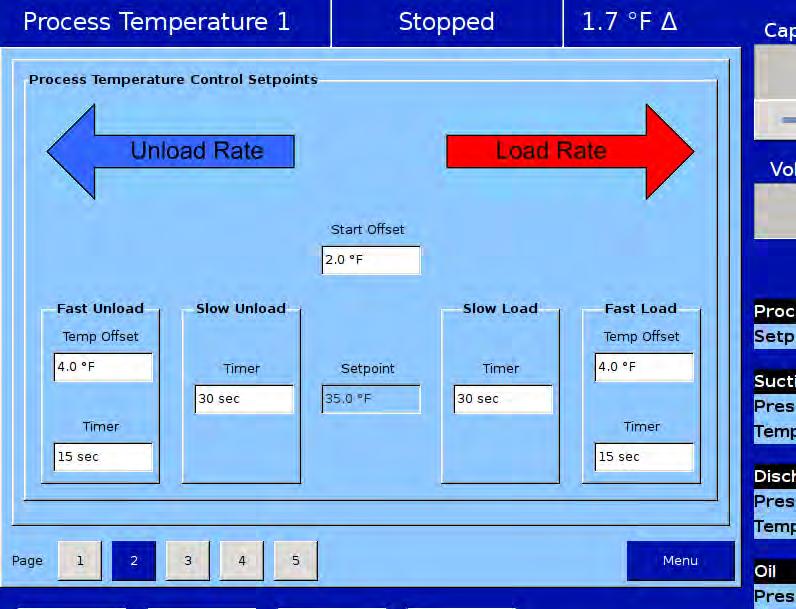 Section 10 Compressor Sequencing Process Control Setpoints - Temp Compressor sequencing screen defines settings that are used by master compressor for sequencing depending on Process Control Mode.