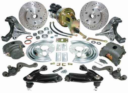 Includes: spindles, brackets, dust shields, loaded calipers, rotors, bearings, seals, hoses, booster/ master/proportioning value assembly and mounting hardware.