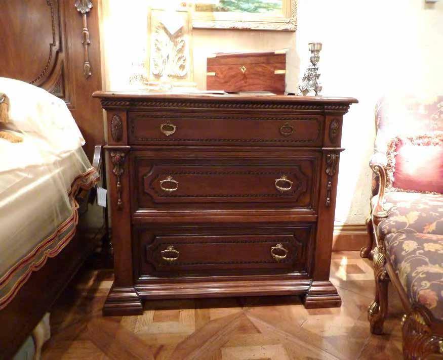 K75.01 Empire Nightstand, 3 Drawers Dimensions: W:43 2/8" D:21 5/8" H:35 3/8" Antique