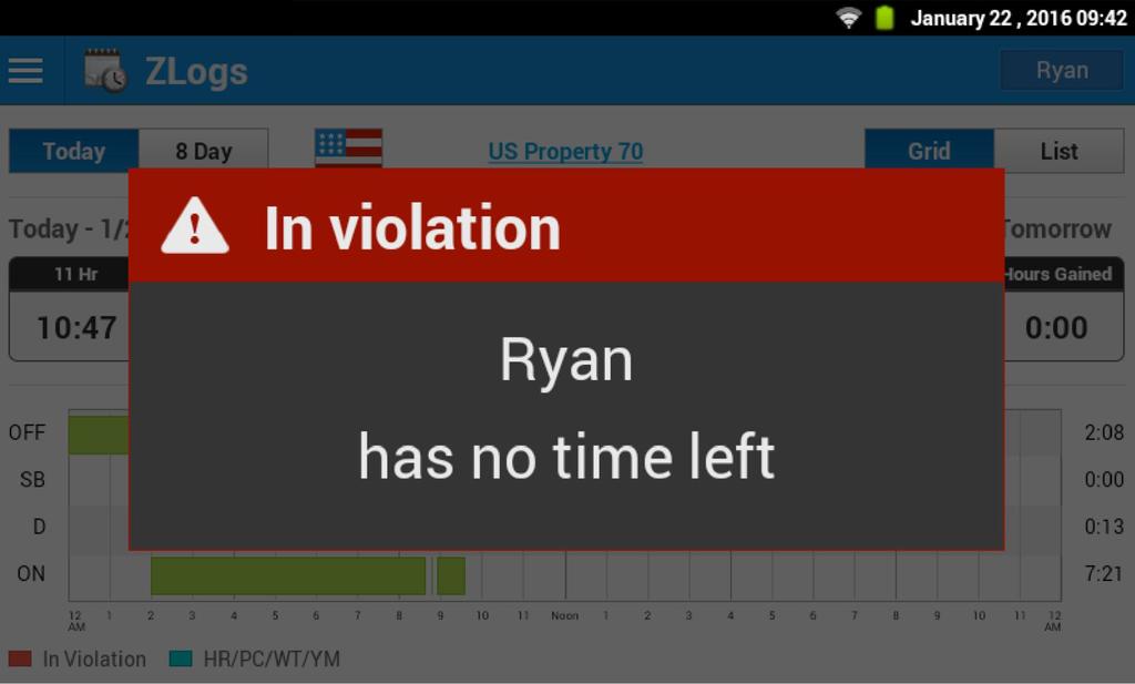 o Once a violation occurs, based on the operator s rule set, the tablet displays a violation alert: Close to Maximum Reached: o An operator must be logged-into the tablet.