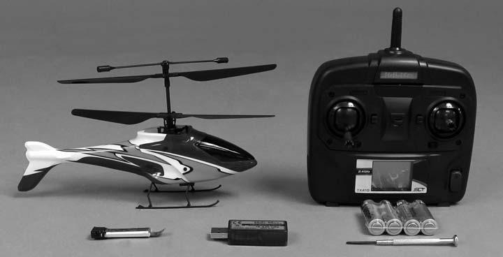 CONTENTS AXE100 CX RTF AXE 100 CX Helicopter TX 410 4-Channel SLT Transmitter Heli-Max 150mAh LiPo Battery pack (1) USB Charger Small Phillips screwdriver AA Batteries (4, not included in the