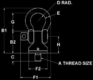Not intended for prolonged rotation Part Number With No Thread Size A Load 1 Capacity (lbs) With B1 Length No B2 Thread Length C Inside Radius D Diameter Size E With F1 Width No F2 Inside Clearance G