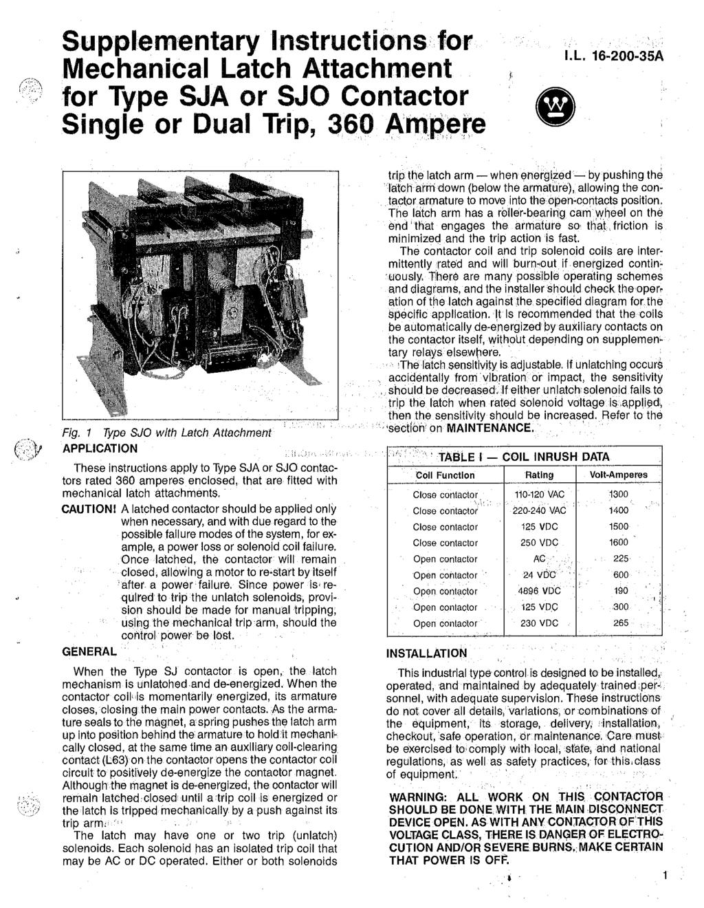 Supplementary nstructions for Mechanical Latch Attachment for Type SJA or SJO Contactor Single or Dual Trip, 36 Ampre. L. 16 2-35A Fig.
