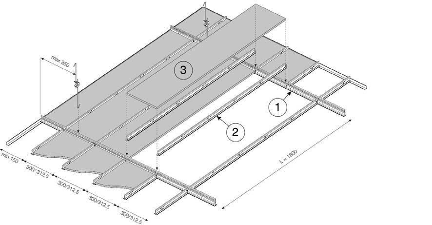 PRELUDE SIXTY 2 General Applications System Drawing (module 1800 x 300mm) Standard layin installation of 24mm exposed suspension system using Board or Tegular edge planks.