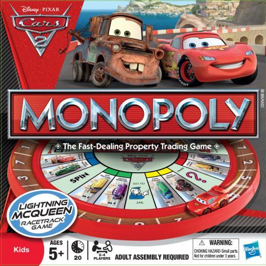 Cars 2 Monopoly Manufacturer: Hasbro SRP: $19.99 Available: Spring 2011 MONOPOLY: Cars 2 Edition is totally new and unlike any MONOPOLY game seen yet!