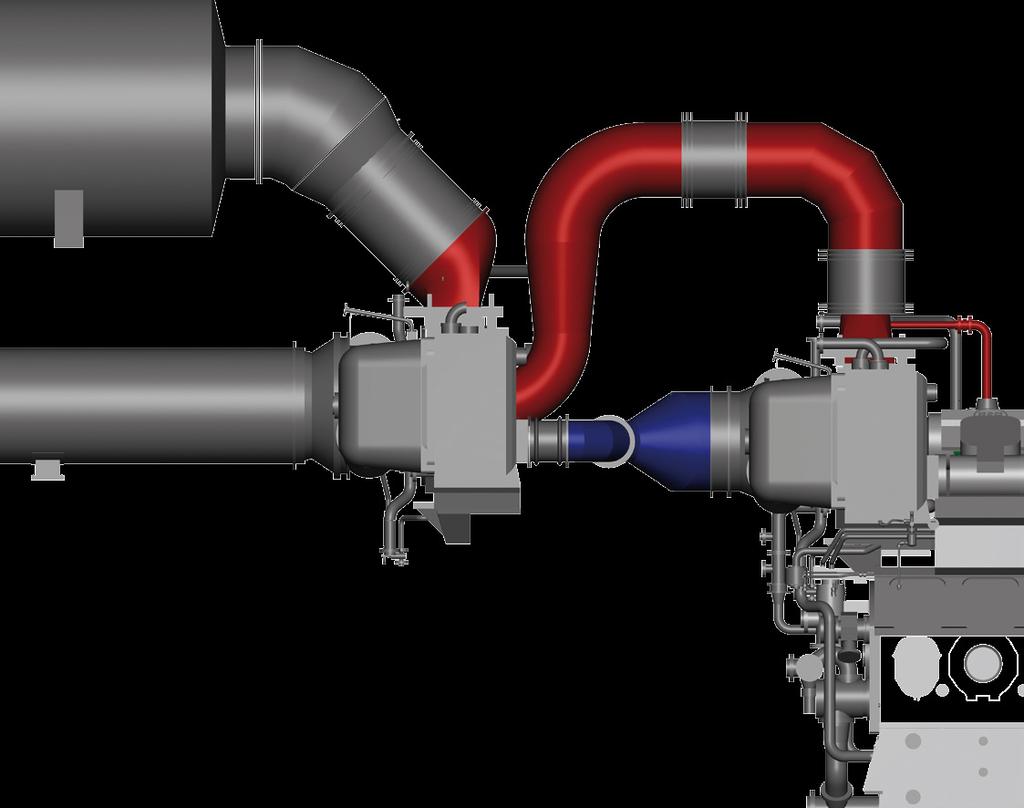 The low pressure turbocharger is located upstream from the engine, on its own steel frame.