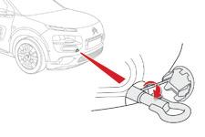 In the event of a breakdown Towing the vehicle Towing another vehicle F On the front bumper, press at the bottom of the cover to unclip it. F Screw the towing eye in fully. F Install a towing arm.