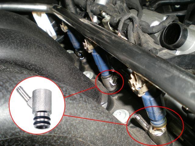 Picture 4e: Inlet manifold nozzles installed in the same way The holes of the CNG/LPG inlet nozzles need to be drilled the closest to cylinder head.