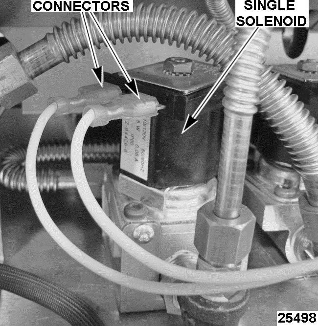 On single solenoid valve, if no voltage - check wiring and on/off power switch. B. On dual solenoid valve if no voltage - check wiring, IGNITION MODULE, and TEMPERATURE CONTROLLER. 6.