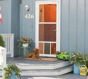 VENTILATING STORM DOORS 360-79 LIFE-CORE Single-Vent DuraTech surface over solid wood core for age/weather resistance Heavy-duty weatherstripping Adjustable-speed closer in matching colors Pet Door