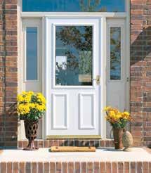 FULL-VIEW STORM DOORS FULL-VIEW INTERCHANGEABLE SCREEN provides seasonal ventilation LIFE-CORE DuraTech surface over solid wood core for age and weather resistance Full screen included Color-matched