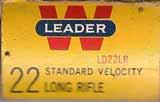 LEADER S-1.22 SHORT (STANDARD VELOCITY). "LEADER". Yellow and white box with red, white, black and blue printing.