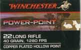 "POWER POINT" LR-5.22 LONG RIFLE (HOLLOW POINT). "POWERPOINT-42 MAX". Black box with red and white printing.. One-piece box with end flaps.
