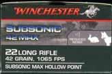 SUBSONIC-42MAX LR-7.22 LONG RIFLE (PROMO). "SUBSONIC 42 MAX" 5 round trial box. Product code W22SUB42. LR-8.22 LONG RIFLE (HOLLOW POINT). "SUBSONIC 42 MAX". " Black box with red and white printing.