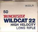 WINCHESTER Australia WILDCAT 22 LR-1.22 LONG RIFLE (HIGH VELOCITY). "WILDCAT 22". White box with red and blue printing. One-piece box with end flaps.