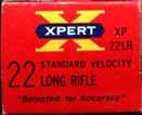XPERT LR-1.22 LONG RIFLE (STANDARD VELOCITY). "XPERT". Red and white box with yellow, white, black and blueprinting.