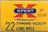 22 LONG RIFLE (STANDARD VELOCITY). "XPERT ". Red box with yellow, white and blue printing. Large, one-piece box with end flaps.