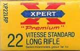 XPERT LR-4.22 LONG RIFLE (STANDARD VELOCITY)."XPERT PREMIUM". Same as LR-3 except the printing on the top is in French. Product code XP22LRP on the ends.
