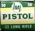 "I-1" h/s on a brass case. Lead bullet.. LR-9.22 LONG RIFLE (REDUCED VELOCITY). "PISTOL".