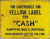 hollow-point lead bullet LR-6.22 LONG RIFLE. "CASH KNOCKER CARTRIDGES". Yellow trunk -style box with black printing.