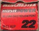 WINCHESTER Australia HUSHPOWER LR-16.22 LONG RIFLE (STANDARD VELOCITY). "HUSHPOWER". Red box with white and black printing. One-piece box with end flaps.