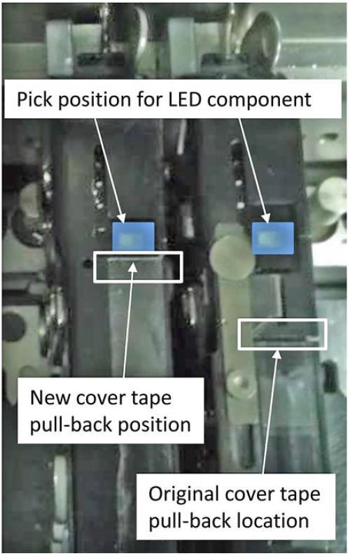 Key items to help reduce mis-pick rates SMT Feeders Adjusting the incident angle that the cover tape is pulled backed from the carrier tape may also help If the angle is high (>30 ), a LED
