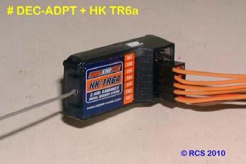See page # 6 3.1 & 3.2. Speed matching. The # DEC-ADPT kit. (Prototype kit shown). Insert the 1 x 3 way servo cable & four single wire cables into the TR6a RX.