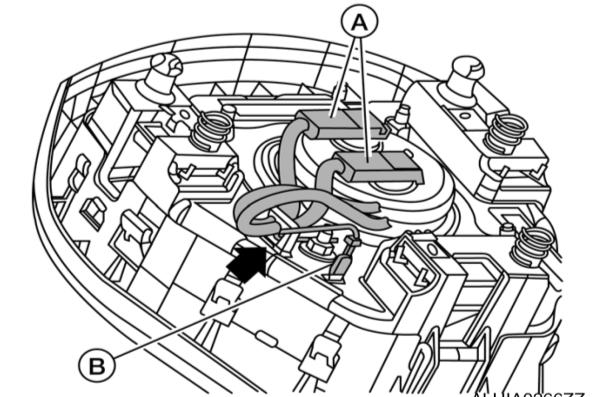 A Fig. 25 22) Removing airbag module assembly. a) Remove air bag module harness connectors, with a thin screwdriver wrapped in tape insert into lock notch, then lift and remove as shown in Fig. 25. Sect (A) Disconnect the horn terminal connector (B) as shown in Fig.