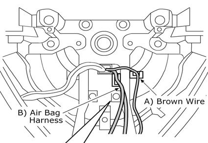 Fig. 28 25) Steering wheel assembly removal. a) Remove brown wire from hook as shown in Fig. 28. AIR BAG HARNESS BROWN WIRE Remove the air bag harness connectors from hook as shown in Fig.