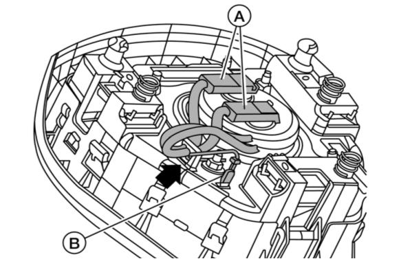 Fig. 51 48) Steering wheel installation. a) Insert brown wire into the appropriate hook as shown in Fig. 51. Insert the air bag harness connectors into the appropriate hook as shown in Fig. 51. AIR BAG HARNESS BROWN WIRE Take care not to break or damage retaining mechanisms inside the steering wheel.