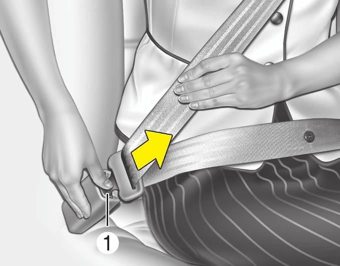 To release the seat belt: The seat belt is released by pressing the release button (1) in the locking buckle.