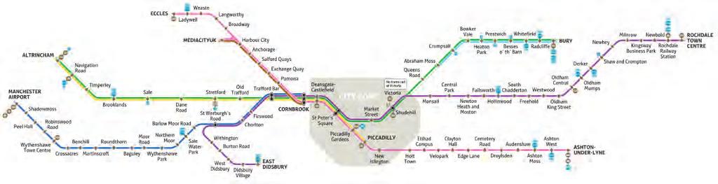 The Manchester Metrolink system At the time the research was undertaken, Metrolink consisted of six lines with 76 stops in total, running 47.7 miles throughout the Greater Manchester area.