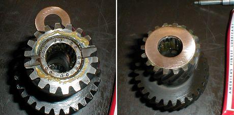 "Gluing" the thrust washers to the cluster gear with assembly grease will keep the bearings inside in place while