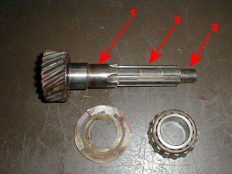 If the rear bearing cup on the output shaft was ok we'd need to check out the rest of the shaft. Diameter #1 is where the step-down gear rides on the shaft.