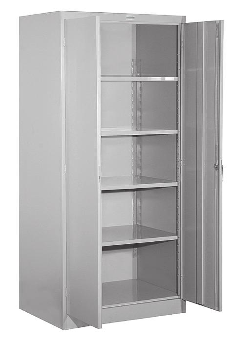 Storage cabinets feature two (2) 17" wide doors and a 6" steel handle with a built-in three (3) point locking mechanism with two (2) keys.